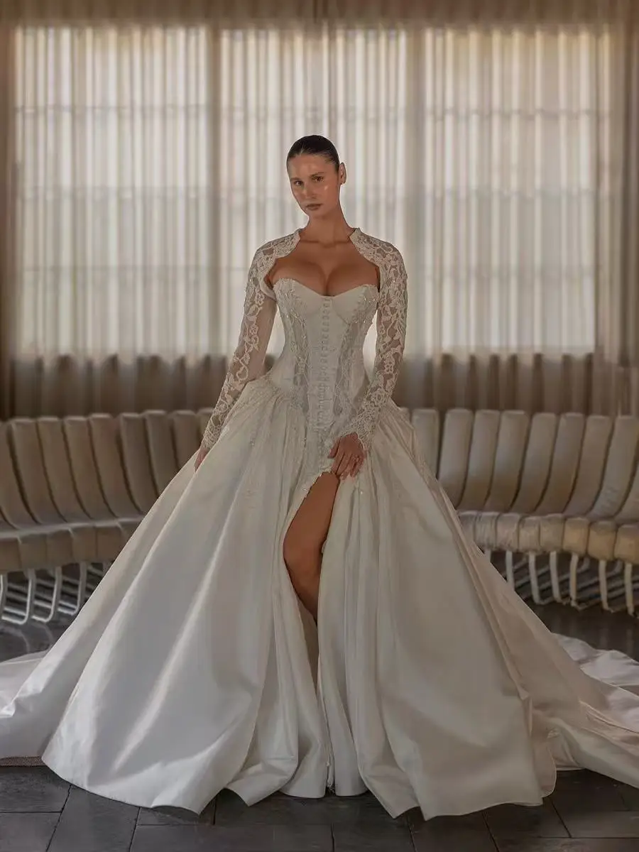 Luxury Satin Wedding Dresses For Bride Sweetheart Bone Corset High Slit Chapel Train Bridal Gown Detachable Lace Sleeve Bolero L