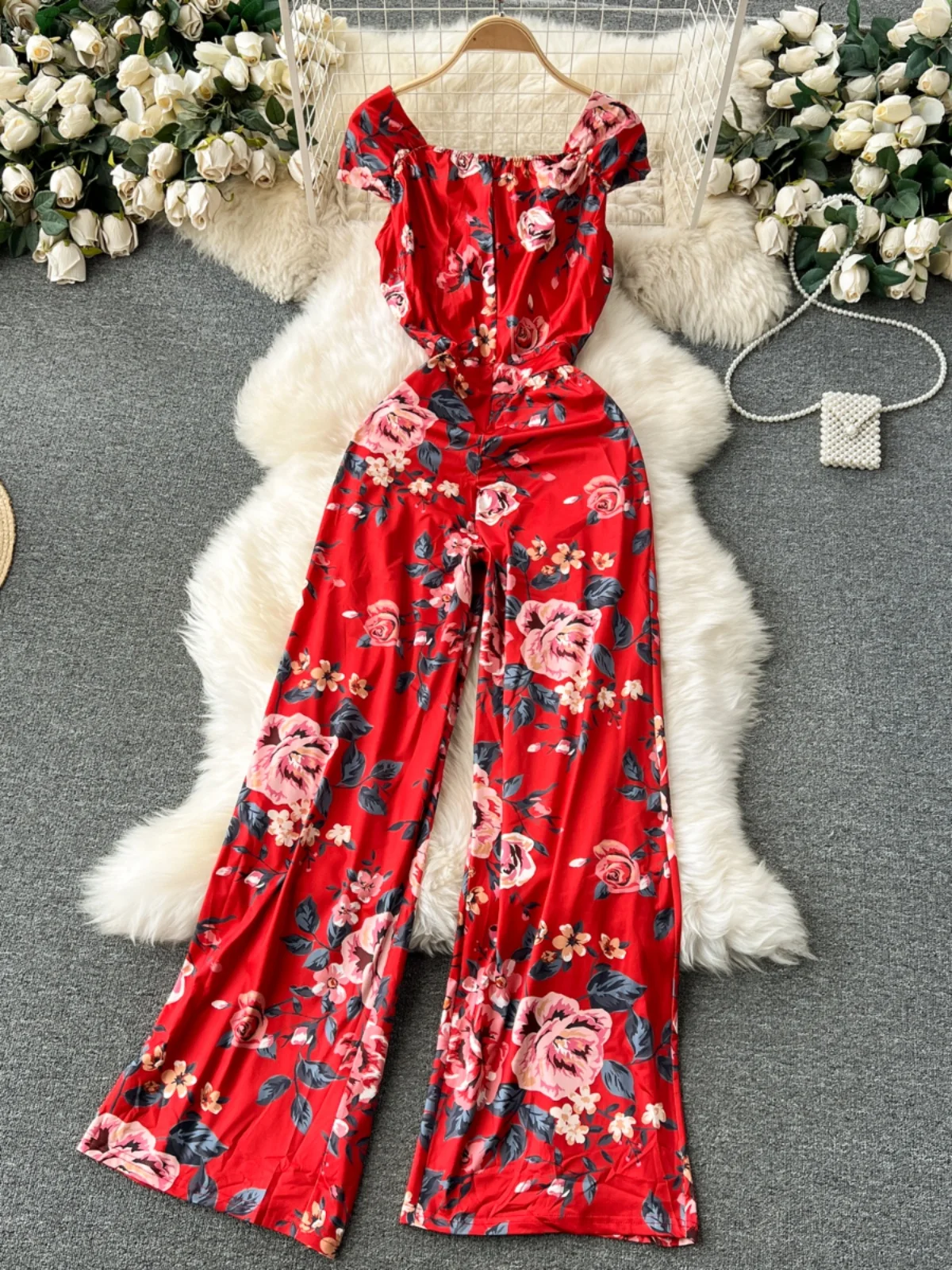 

Vaion Inspired High Waist Wide Leg Floral Print Onesie for Women Casual Loose Fit Comfortable Ele Trousers Suit