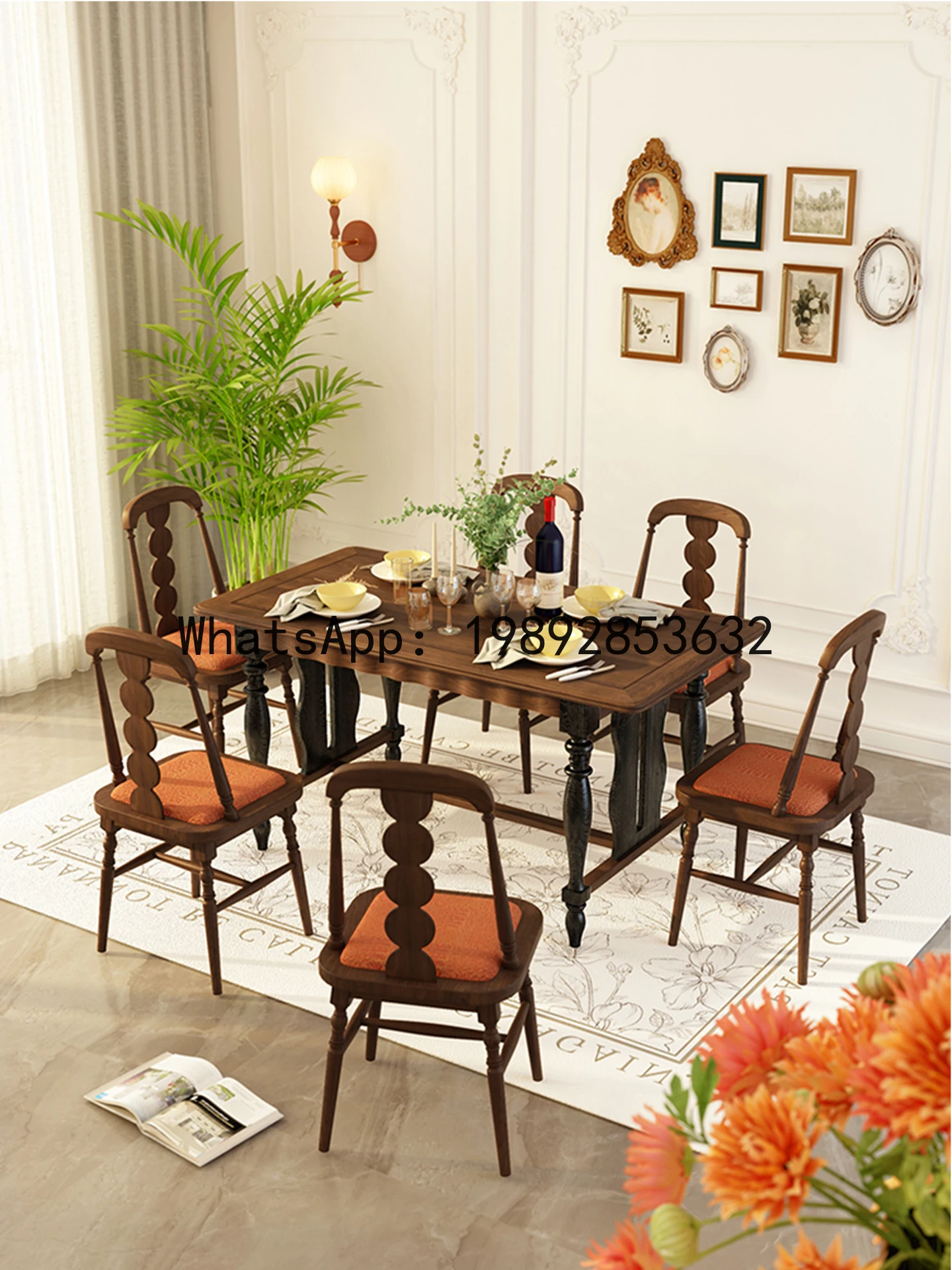 LYY French Vintage Style Solid Wood Dining Table and Chair Set Rectangular Home Dining Table 1.5m Red Oak Furniture