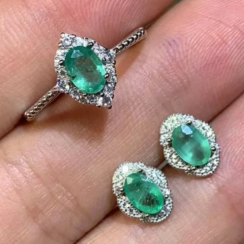 

Natural Emerald Ring Earring Set, Simple Style, Hot Sale. From Natural Gem Store 925 Silver 4*6mm Jewelry Sets for Women