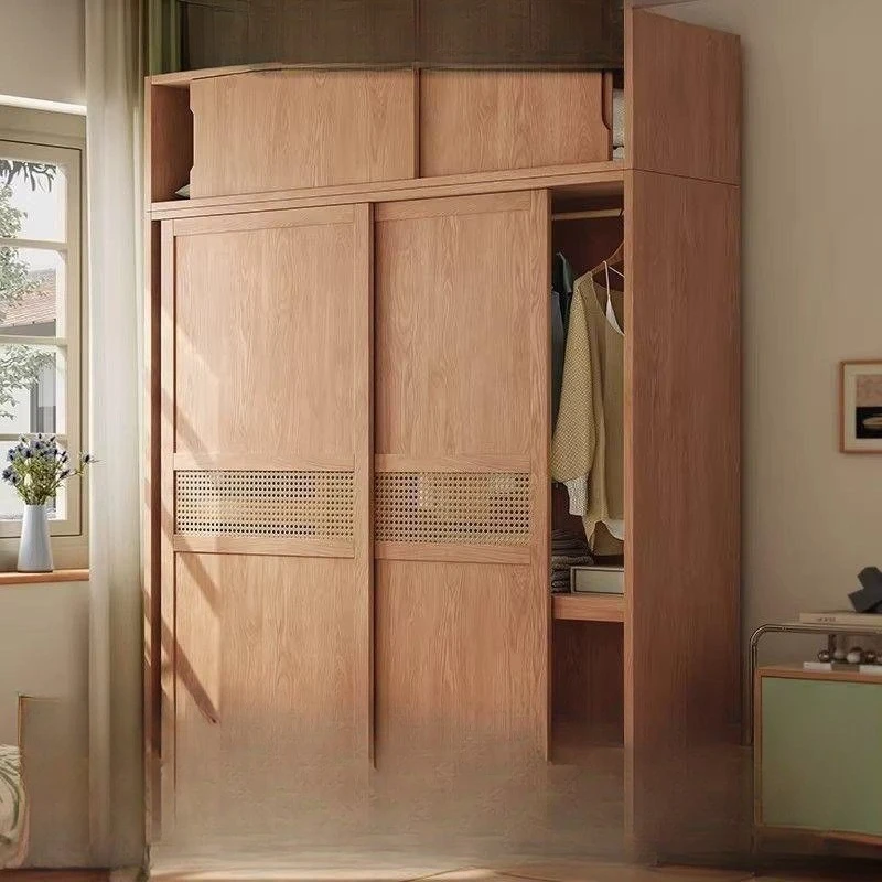 All solid wood oak thickened 18mm sliding door wardrobe home bedroom sliding door Japanese rattan door large wardrobe
