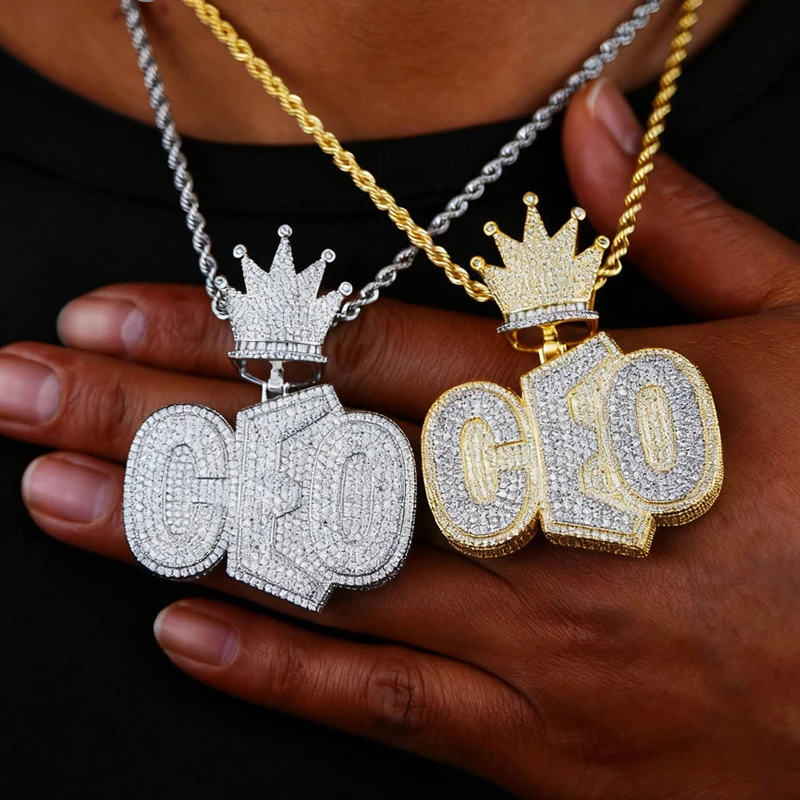 

Hip Hop 5A+ CZ Stone Paved Bling Iced Out Crown CEO Pendants Necklace for Men Rapper Jewelry Gold Silver Color