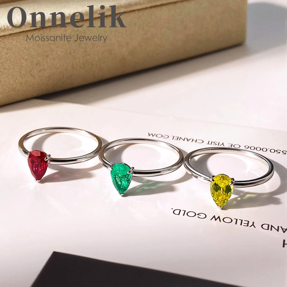 

Onnelik 1-4 Carat Pear Cut Moissanite Rings Lab Grown Columbia Emerald Ruby Rings S925 Sterling Silver Waterdrop Ring for Women