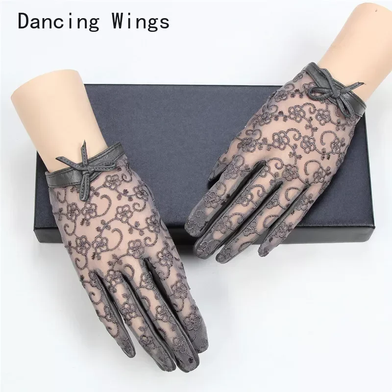 

Thin Sheepskin Gloves Women's Leather Touch Screen Fashion Lace Unlined Short Spring and Autumn Driver's Gloves