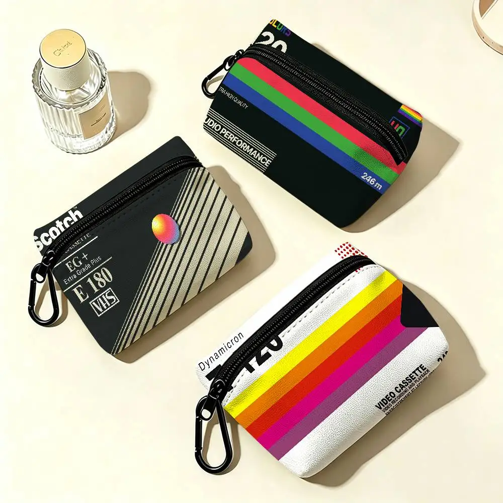 V-VHS Logo Oxford Cloth Zipper Coin Purse Portable Hanging Key Pouch Organizer For Travel Cosmetic Bag