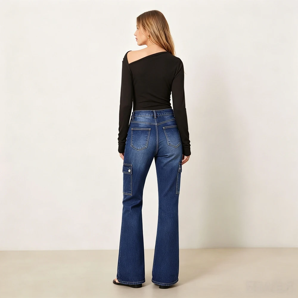 Women High Waist Cargo Flare Jeans American High Street Multi Pockets Denim Pants Loose Bootcut Casual Trousers For Ladies