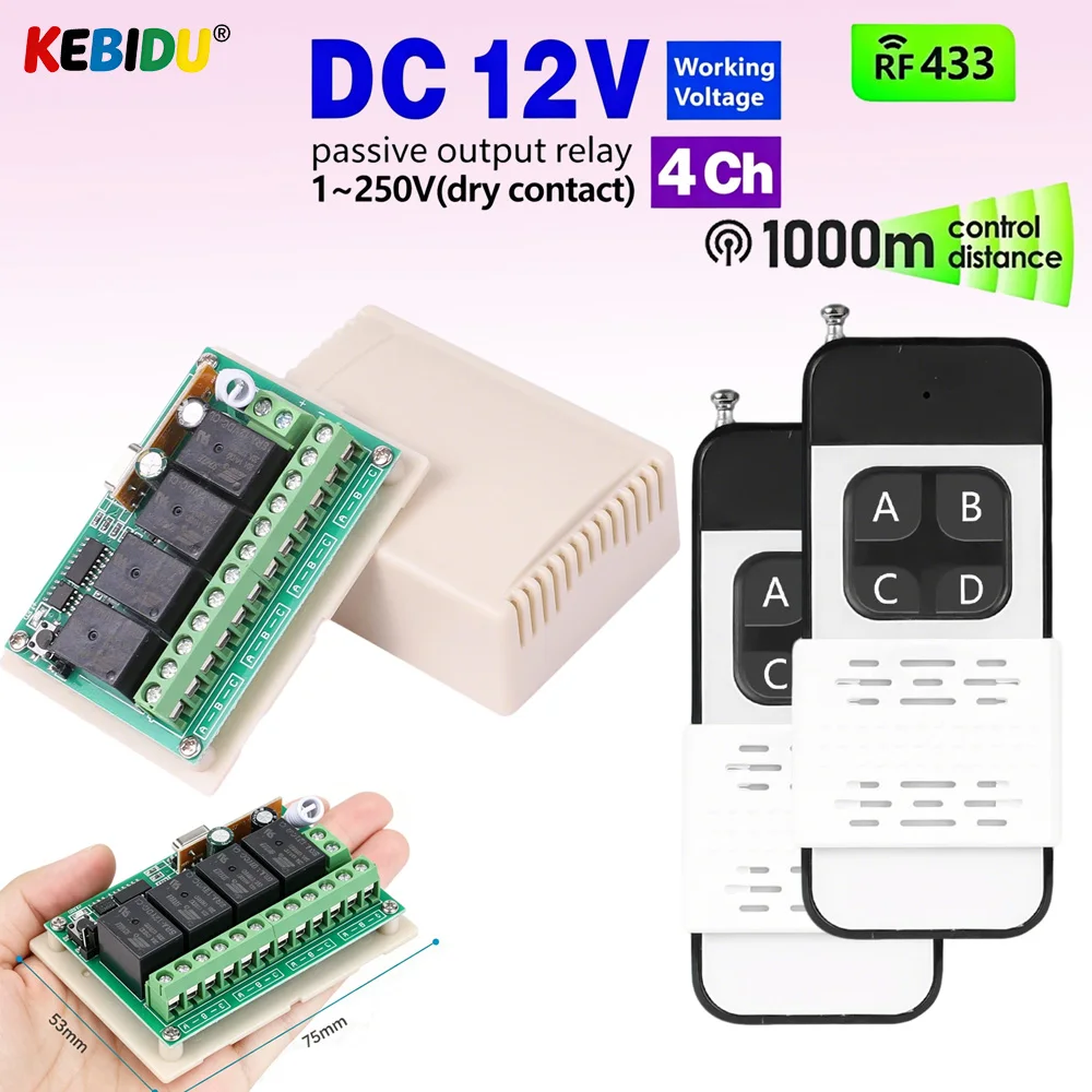 KEBIDU 433Mhz Universal Wireless Remote Control Switch DC 12V 4CH Relay Receiver 1000m Transmitter for Light/Garage Door/LED DIY