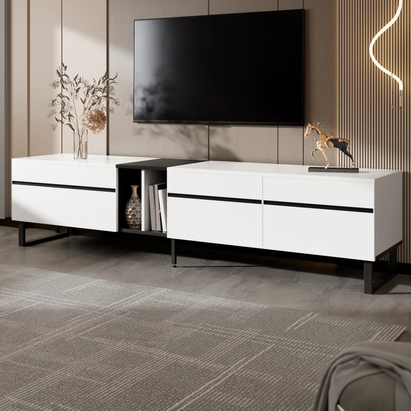 Meuble TV bas blanc moderne de 180 cm avec compartiment escamotable, étagères ouvertes et portes doubles – Meuble TV minimaliste, servant également de buffet, de meuble TV et de meuble de salon, avec beaucoup d'espace de rangement