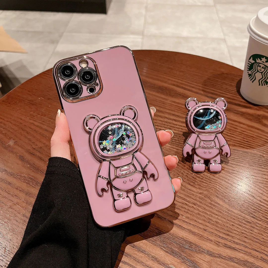 Cute Glitter Cartoon Space Astronaut Liquid Quicksand Mobile Phone Grip Stand Holder Brackets