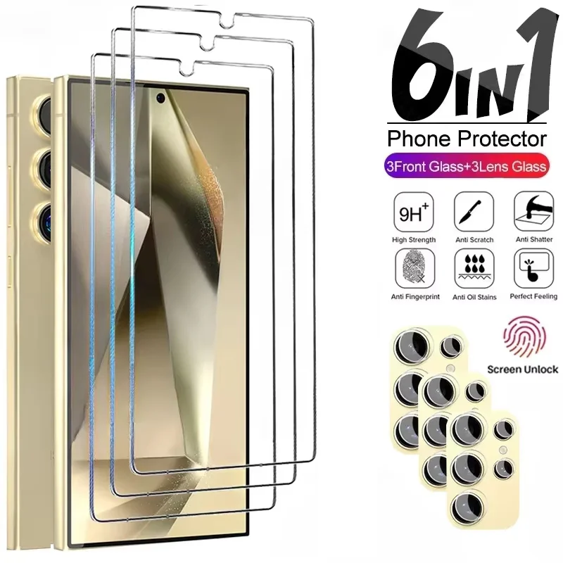 6in1 Full Cover Screen Protector for Samsung Galaxy S24 S23 S22 S21 Ultra Plus S20 FE 9H Tempered Glass Fingerprint Unlock Glass