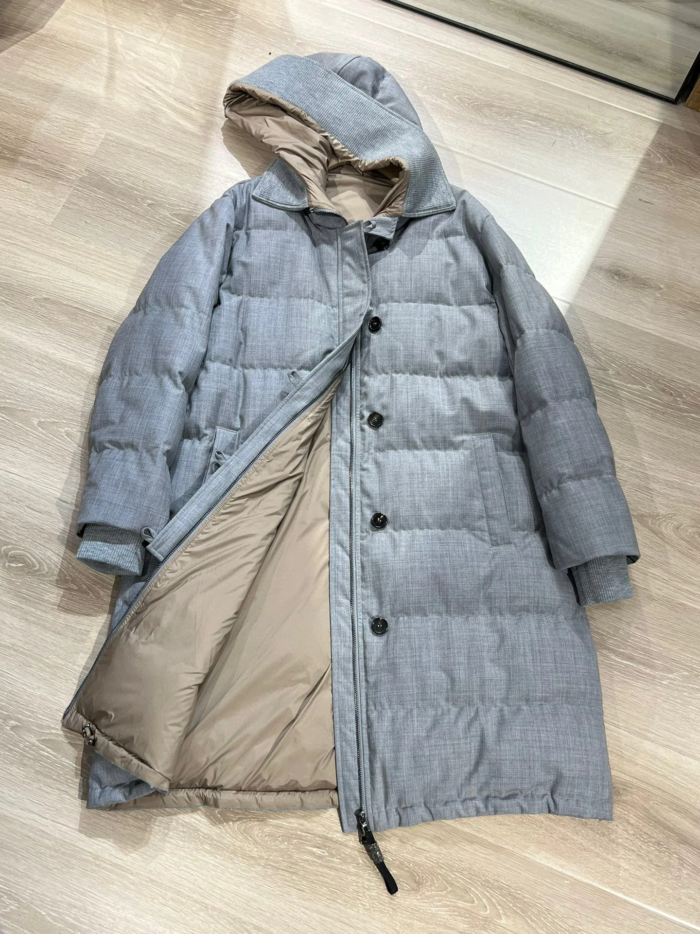 Wool paneled long hooded goose down coat