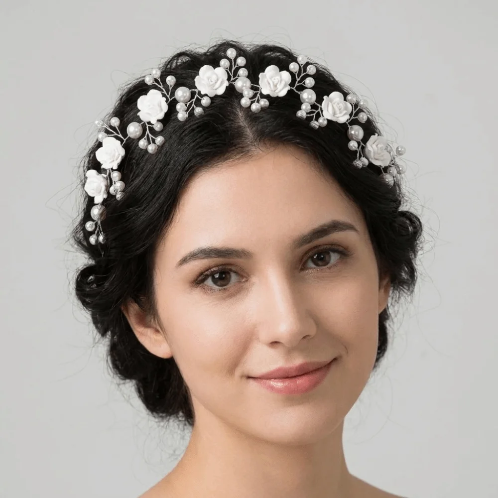 Fashion Beaded Rose Flower Headband Pearl Sparkling Bridal Hair Band Baroque Style Floral Wedding Hair Accessories Bridesmaid