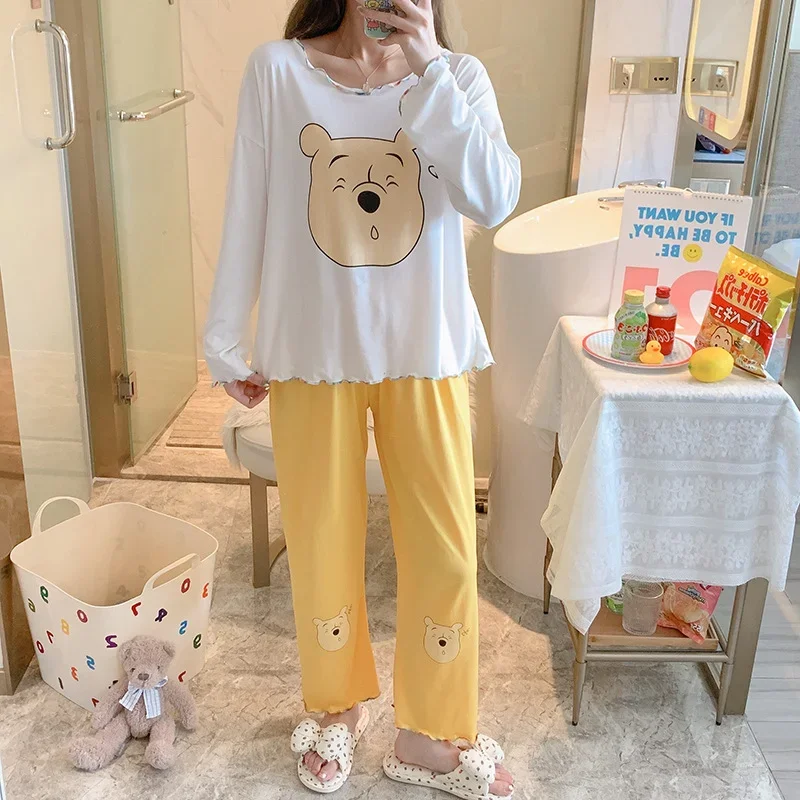 Disney cartoon animation Mickey women\'s pajamas autumn new long-sleeved round neck curling edge outdoor loungewear set