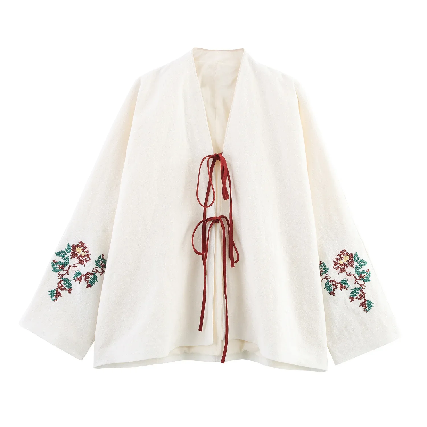 

2025 Women's Loose Linen Kimono Style Jacket New Summer Vintage Embroidery All-Match Outerwear Coat V-neck Full Sleeve Casual