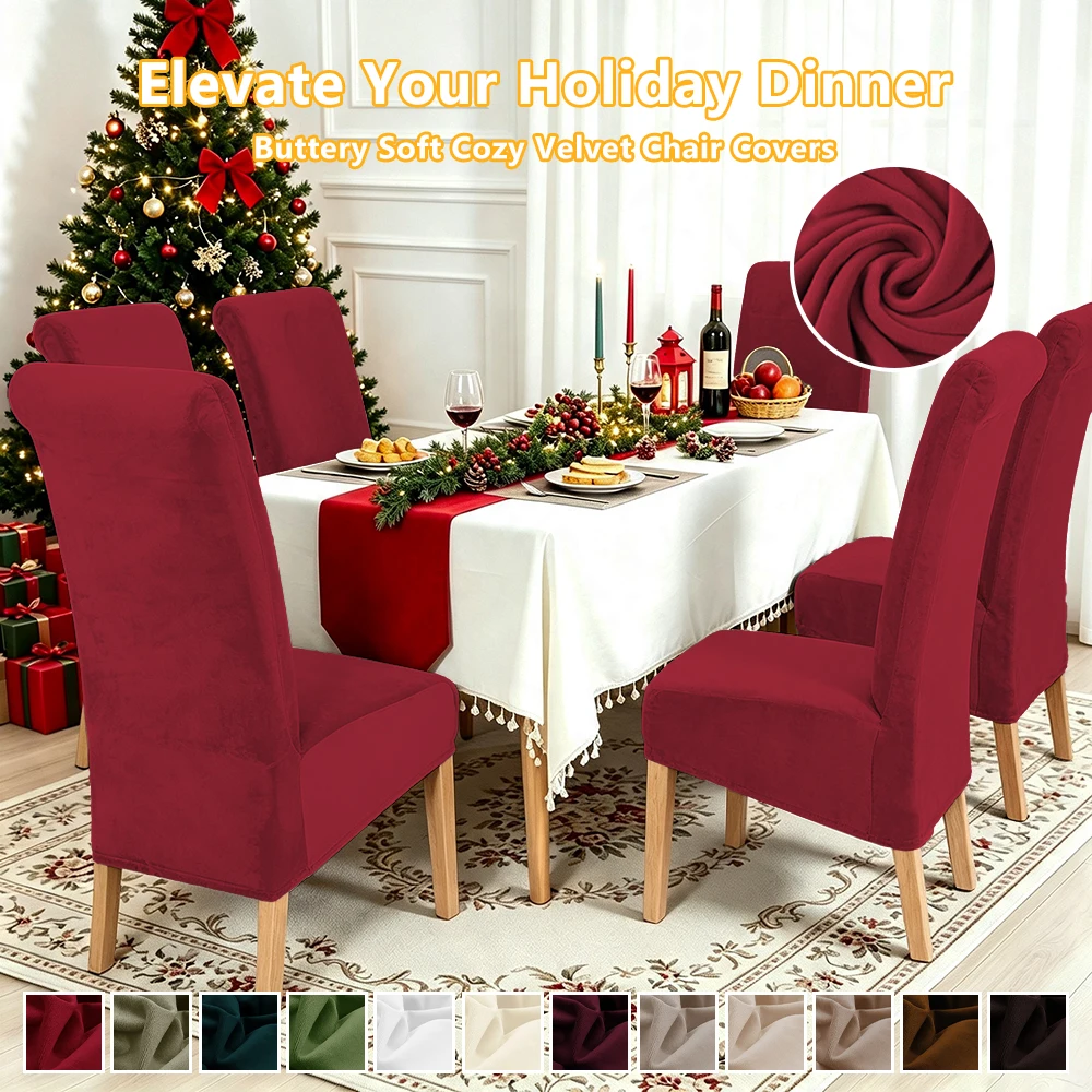 Christmas Long Back Chair Cover Velvet Solid Color Dining Chair Slipcover Pet Friendly Seat Cover for Kitchen Banquet Home Decor