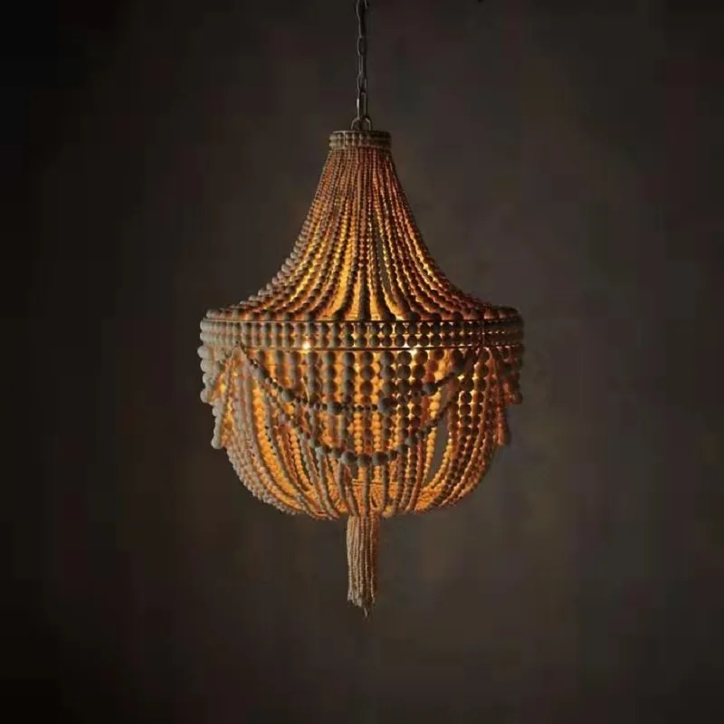 Creative American rural French pastoral Bohemian wood bead chandelier bedroom restaurant princess room lamps