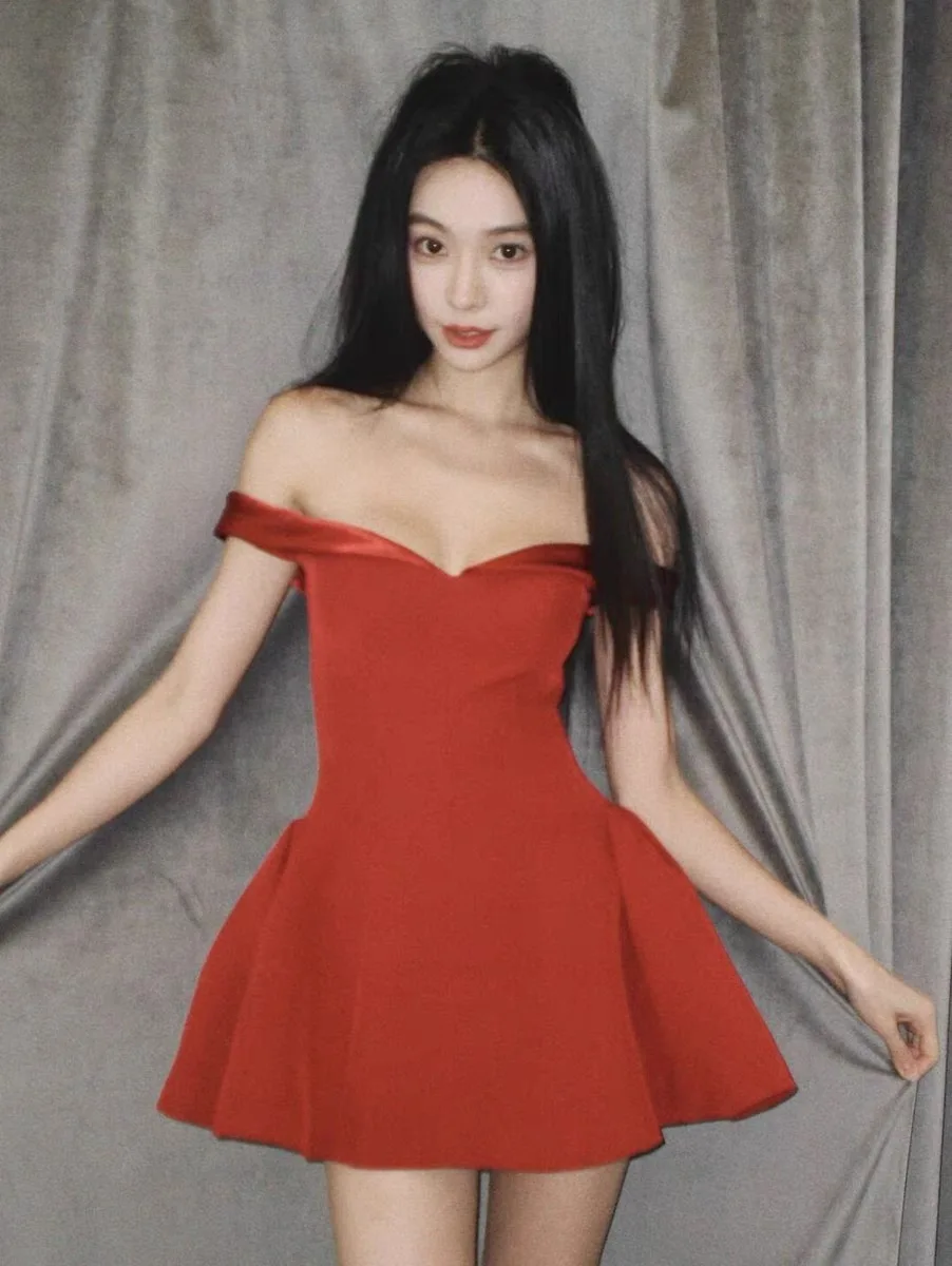 

High Quality Popular French Style Gentle One Shoulder Style Slim Fit Red Dress Birthday Celebrity Dress Sexy Bust Short Dress