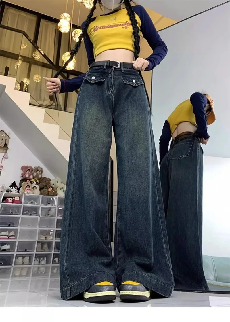 Ladies Slouchy Baggy High Waisted Jeans Woman Clothing Girls Fashion Casual Blue Denim Wide Leg Pants Female Women Clothes BV046