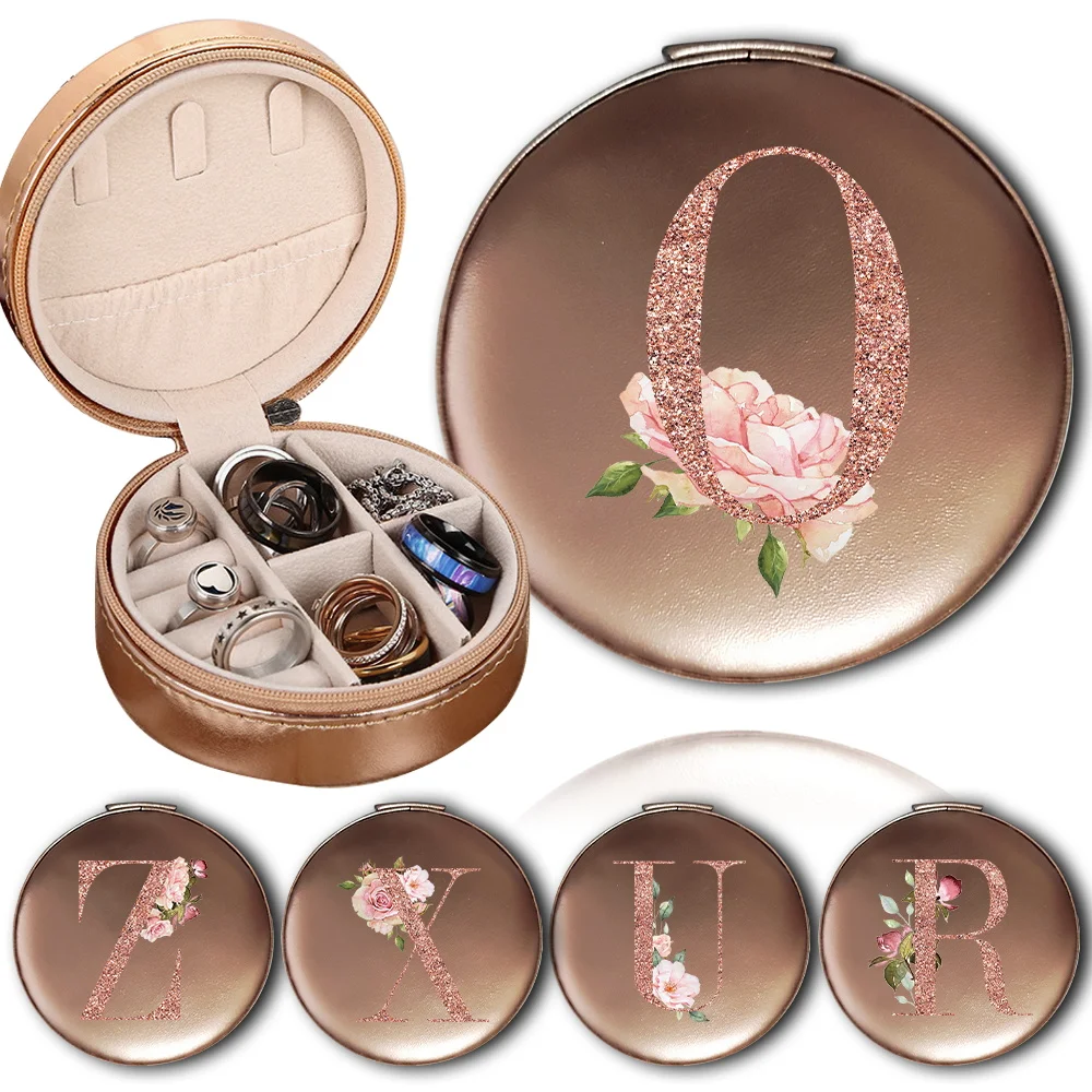 

Jewelry Travel Storage Case Pu Portable Jewelry Organizer Necklaces Earrings Rings Jewel Display Box Rose Gold Letter Pattern