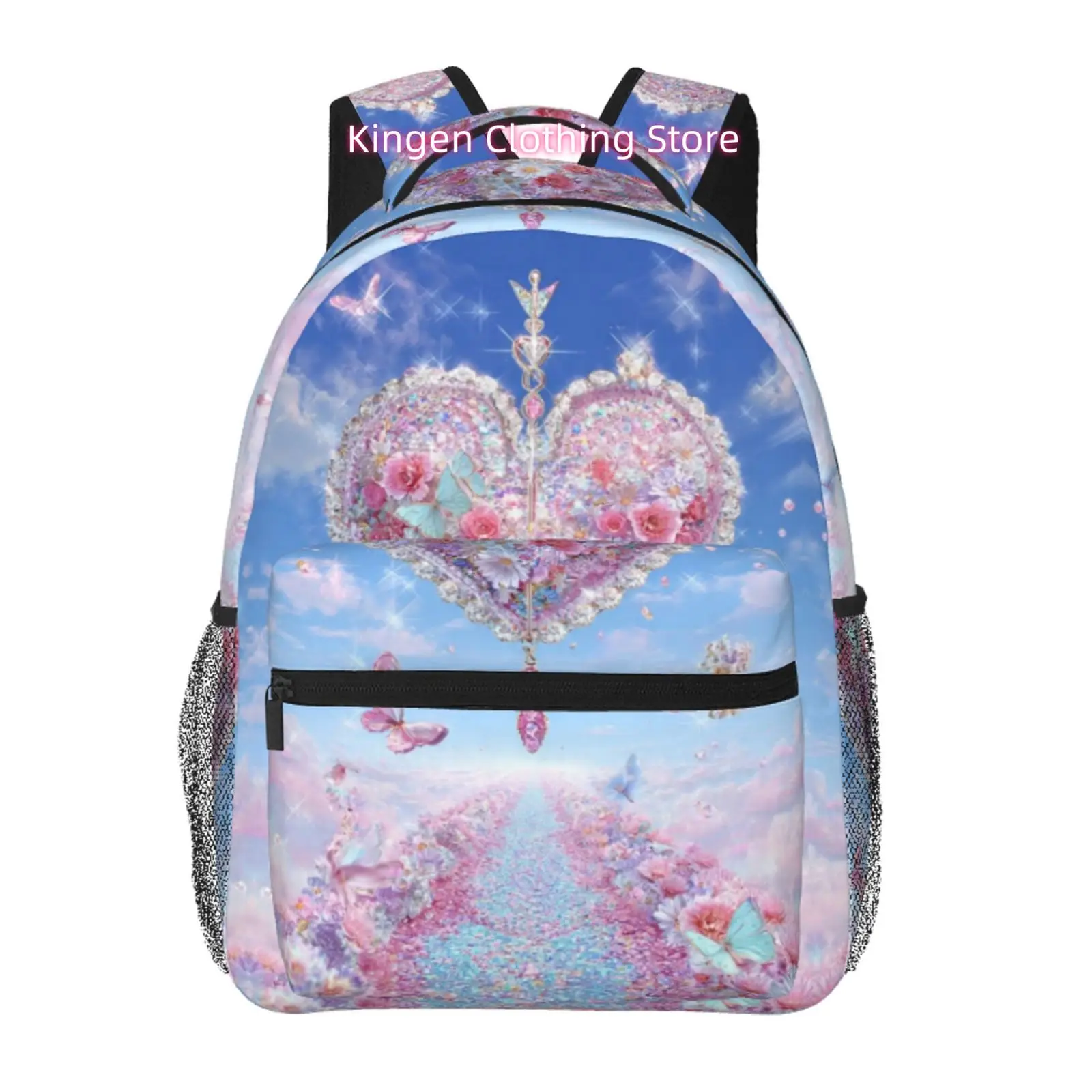 Pink Floral Heart with Magic Key and Butterflies Print Backpack, High Quality Oxford Cloth, Adjustable Shoulder Straps, for Dail