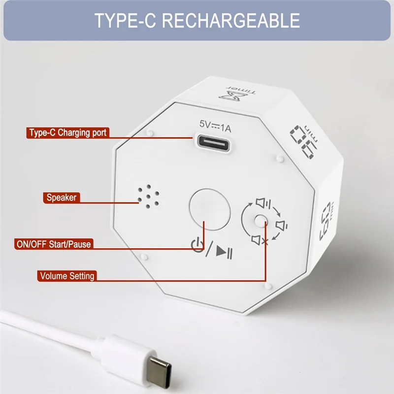 Digital Productivity Timer, Rotating Pomodoro Timer With 1-3-5-15-30-60-90 Min Countdown, For Study Office Kitchen Deskab13