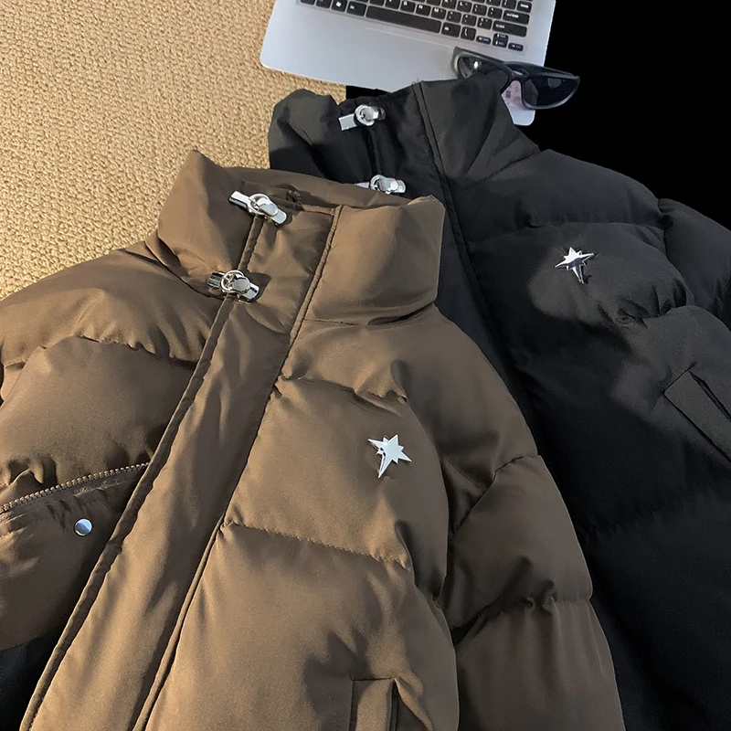 

Мужская теплая зимняя куртка из хлопка с пуховым наполнителем, винтажный американский воротник, длинная молния, однотонная, молодежная, модная