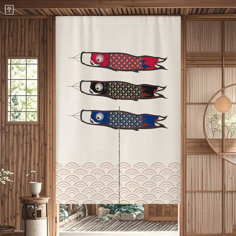 VIKAMA Japanese Lucky Cat Door Curtain for Doorway, Kimono Cat & Sea Bream Print Koinobori Wave Room Divider Curtain Decor
