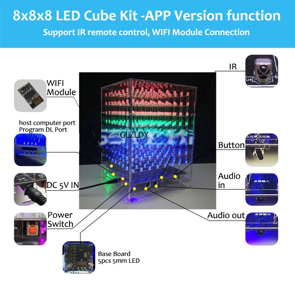 Cololful Light Cubes DIY WIFI APP 8x8x8 3D LED Cube square Kit rosso blu verde LED MP3 Music Spectrum text Electronic Kit