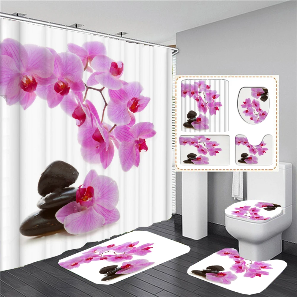 

Pink Flowers Zen Stone Bathroom Shower Curtain Set Waterproof Polyester Washable Non-Slip Bath Mat Rugs Carpet Toilet Cover