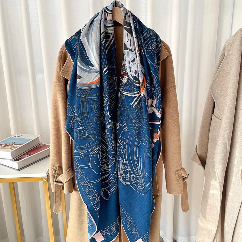 Horse Printed Wool Blanket Scarf Shawl Cape 2024 Spring Womens Wool Scarves Foulard Echarpe 130x130cm