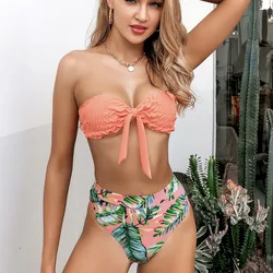 2024 Sexy Bikini Bandeau Women Swimwear Swimsuit Pleated Push Up Leaf Print High Waist Backless Bikinis Set Beach Bathing Suit