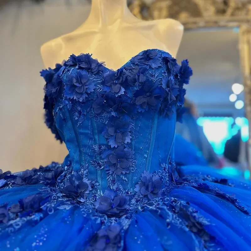 Azul real querida vestido de baile quinceanera vestidos 2025 apliques rendas 3d flores artesanais vestido de 15 anos espartilho personalizado