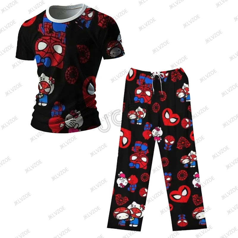 Spider-Man Hello Kitty Men‘s Trousers Tracksuit Short Sleeve T Shirt+Long Pants Jogger Sports Casual Male Clothes 2 Piece Set