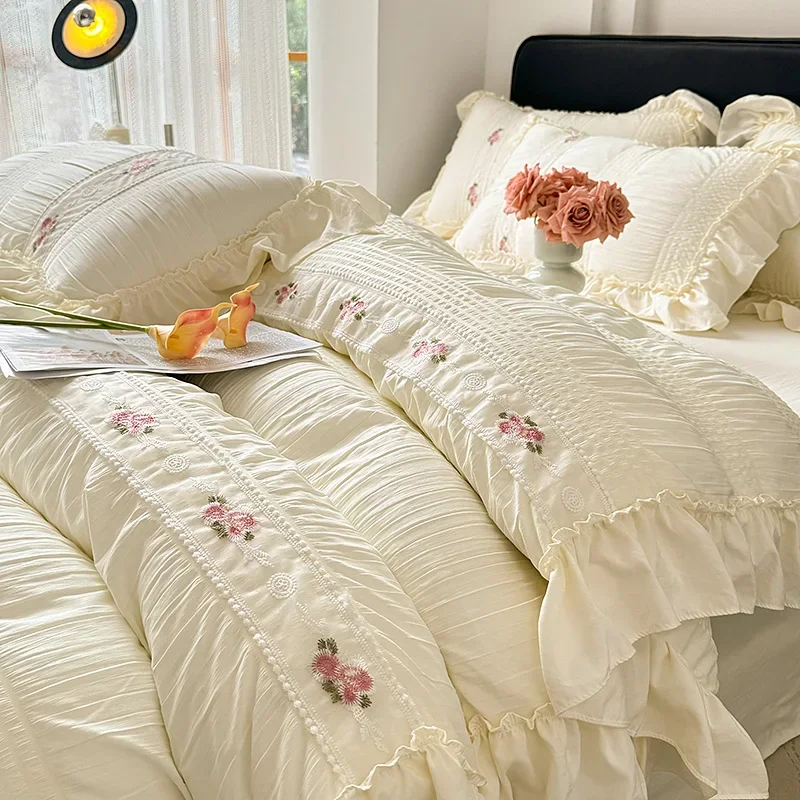 

Korean Princess Style Lace Ruffles Wedding Bedding Set Seersucker Washed Cotton Soft Duvet Cover Set Bed Sheet Pillowcase 3/4Pcs