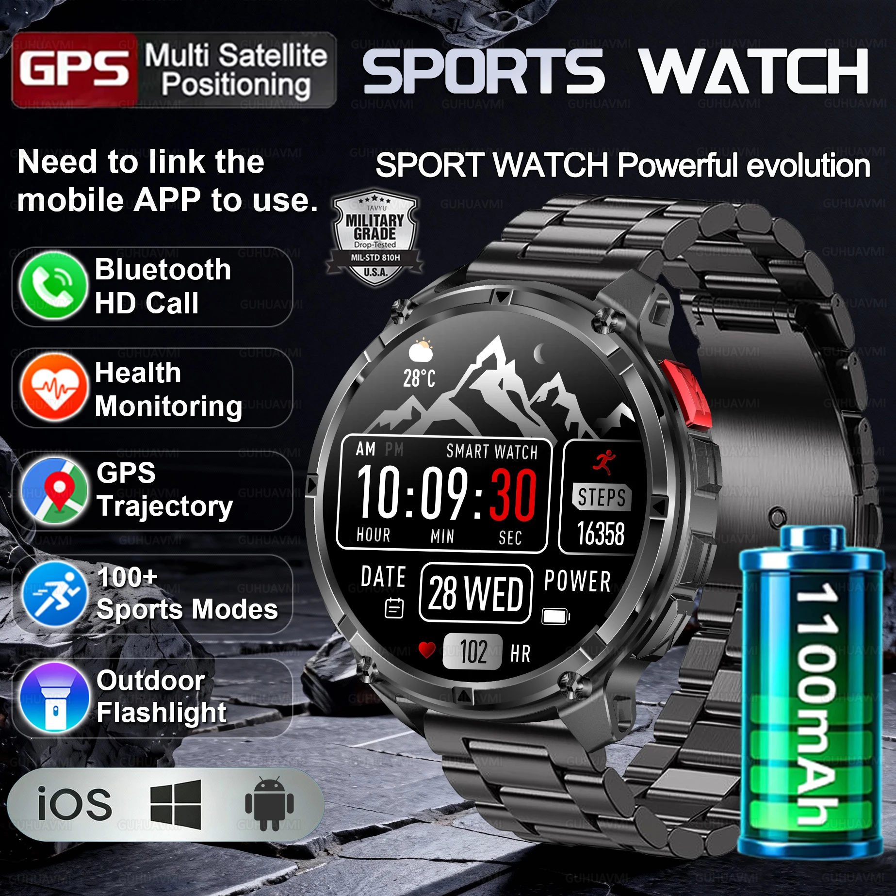 

Новые сверхпрочные мужские умные часы с аккумулятором емкостью 1100 мАч, фонарик с пульсометром 1,7 дюйма, AMOLED HD-вызов, 10 АТМ, водонепроницаемые спортивные умные часы