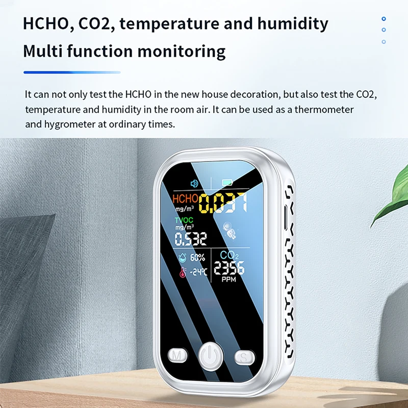 5 in1 Air Quality Detector HCHO TVOC CO2 Temperature Humidity Tester 1.9Inch Color Display 240*280 Resolution CO2 Meter