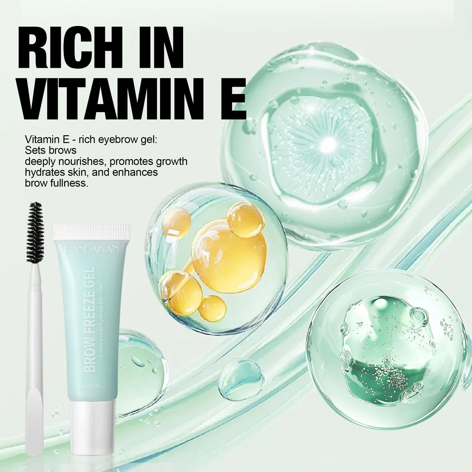 ブラシ付きアイブロウジェル、長持ちするウォータープルーフ、強力、速乾性、塗りやすいビタミンEアイブロウジェル