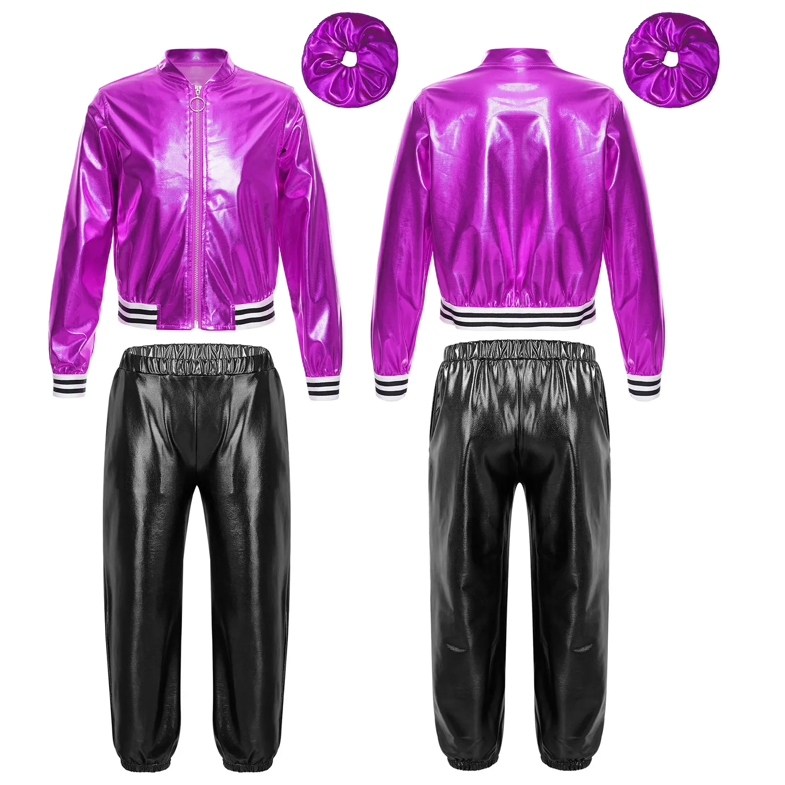 Girls Hip Hop Clothes Outfits Zipper Metallic Jacket with Pants Fashion Kids Dancewear Suits Children Jazz Dance Costume Sets