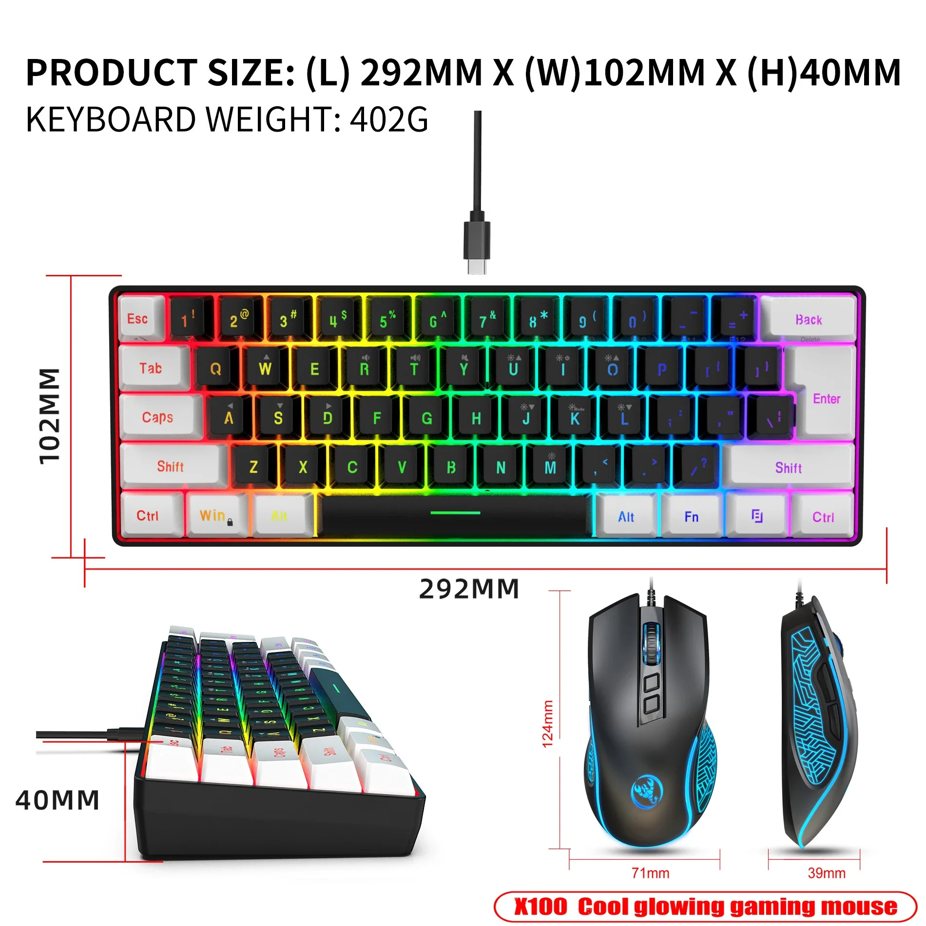 Kulcskarika majd Egér 60%RGB Játék PC USB Kis dzsesszegyüttes backlit keyboards készlet Mali gamer vezetékes kulcs Pást majd Egér állítsa Számítógépes whiteblack