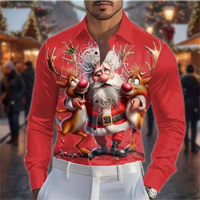 Santa Claus Snowflake Christmas Ball Shirt Long Sleeve Fashion Casual Outdoor Holiday Autumn and Winter Collared Button Shirt Re
