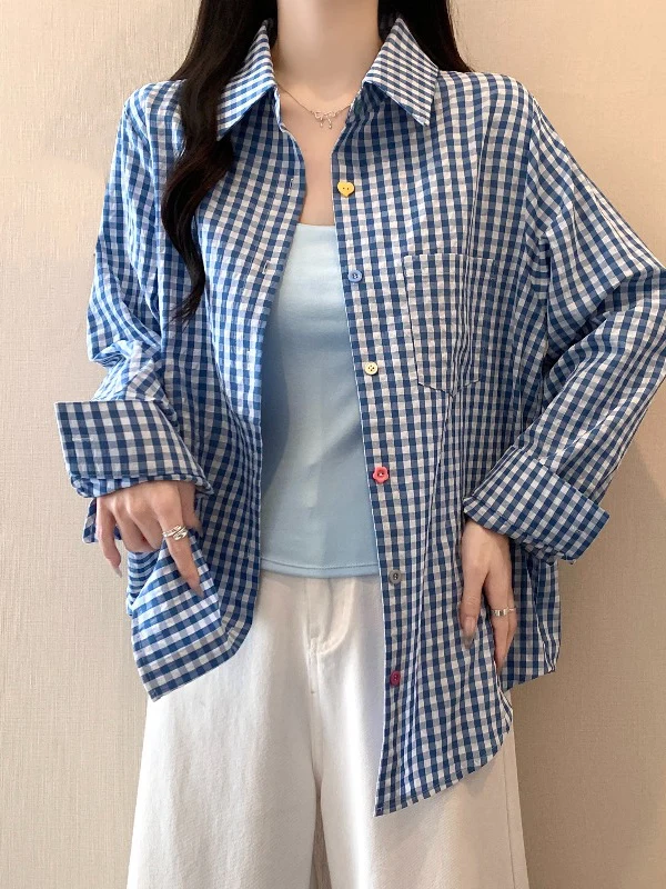 

Buttoned Plaid Shirt Shoulder-Length Women's Outerwear Summer Sun Protection Large Size Fat MM Cardigan Top