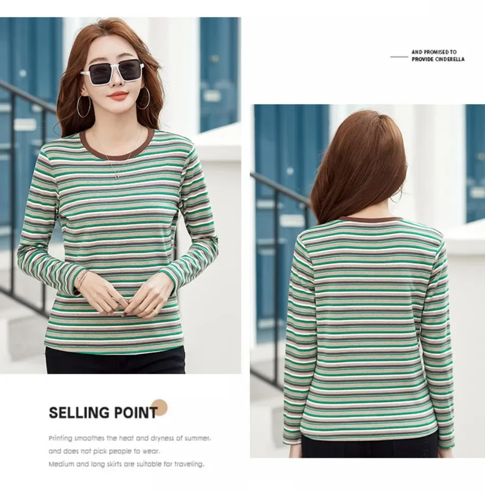 2024 neue Damen bekleidung Rundhals ausschnitt gestreiftes Unterhemd Frühling und Herbst Langarm Tops T-Shirt lose Innen lässig Top – Detail 13