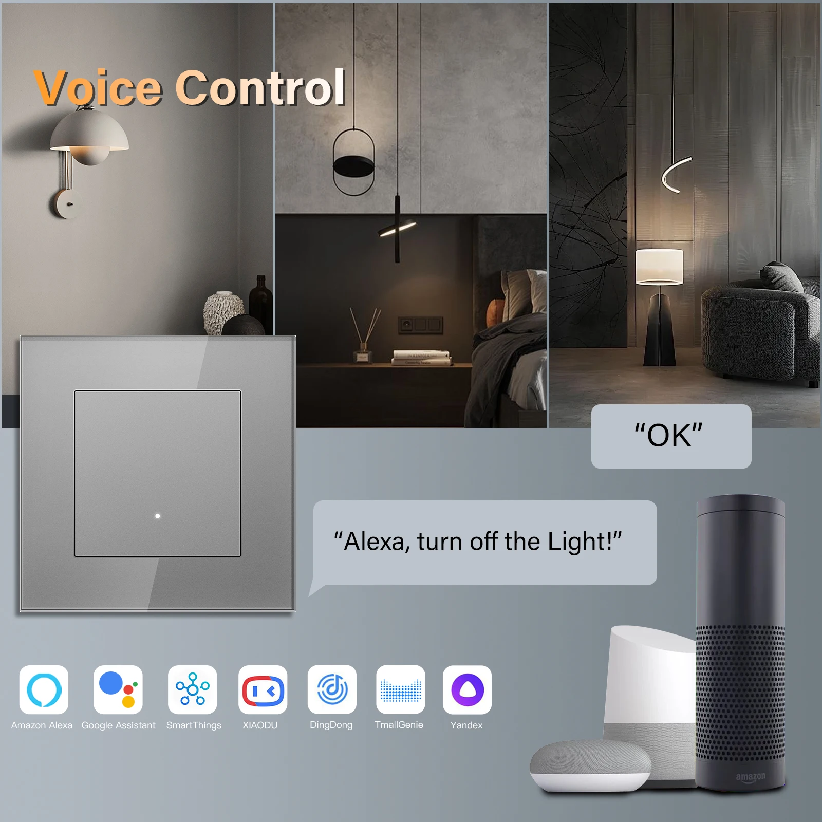 BSEED WIFI Click Switches Series 1/2/3/4Gang Wall Smart Light Switches Yellow Backlight Glass Frame Tuya APP Switch EU Standard