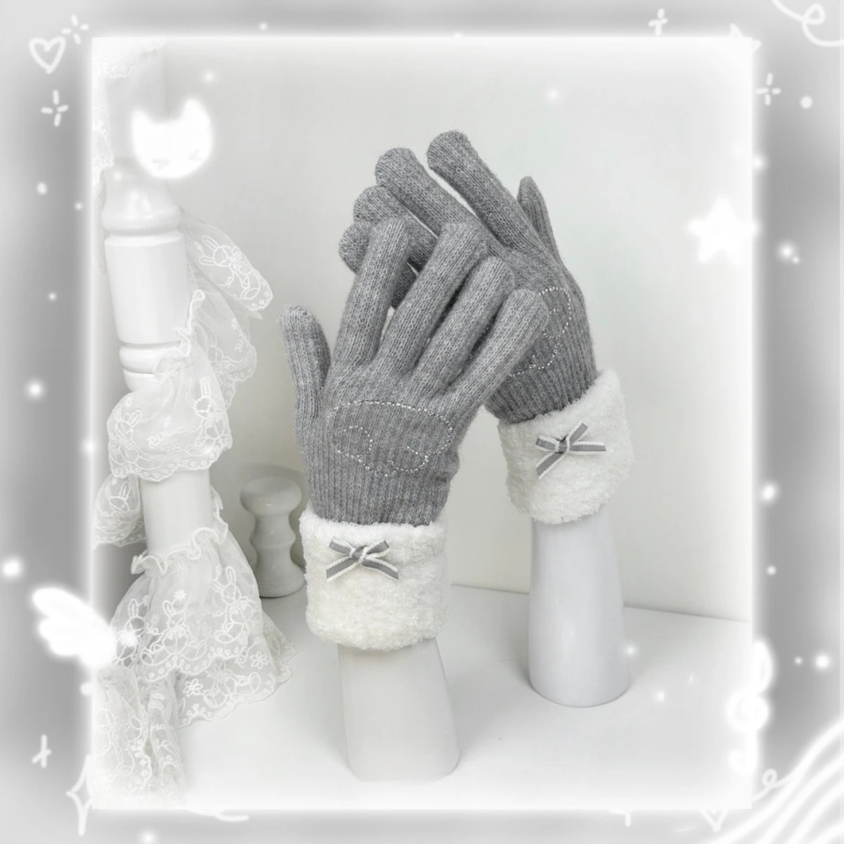 Y2K Winter Angel Wings Plush Gloves Warm Subculture Touchable Screen Knitted Fingers Gloves Streetwear Decoration Accessories