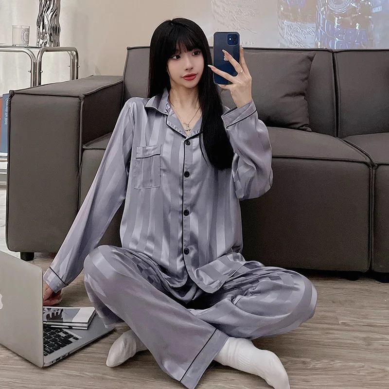 New Pajamas Women's Spring and Autumn ，Summer Long-sleeved Ice Silk Summer Women's Foreign Trade Wholesale Thin Loungewear Set