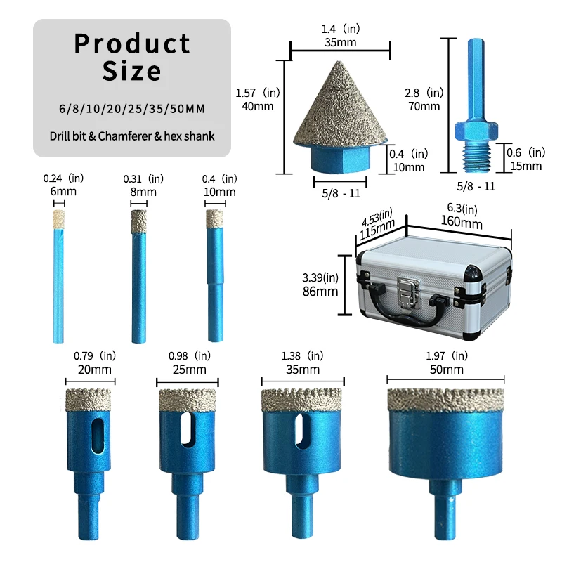 Diamond Drill Bit Set for Ceramic Tile Marble Granite Vacuum Brazed Core Drill Bit 6mm Diameter Hole Saw Brazed Opener Core Bit