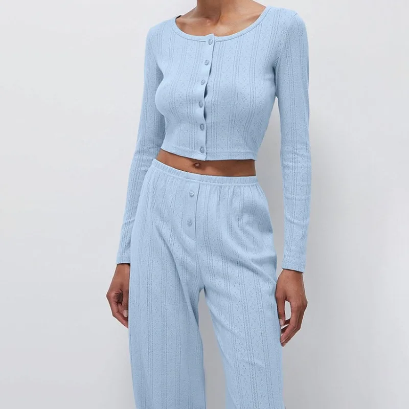 

Women's Summer Knitted Hollow Jacquard Pajamas Set Long Sleeves Pants Trousers Soft Comfortable Loungewear Outdoor Cozy XL Size