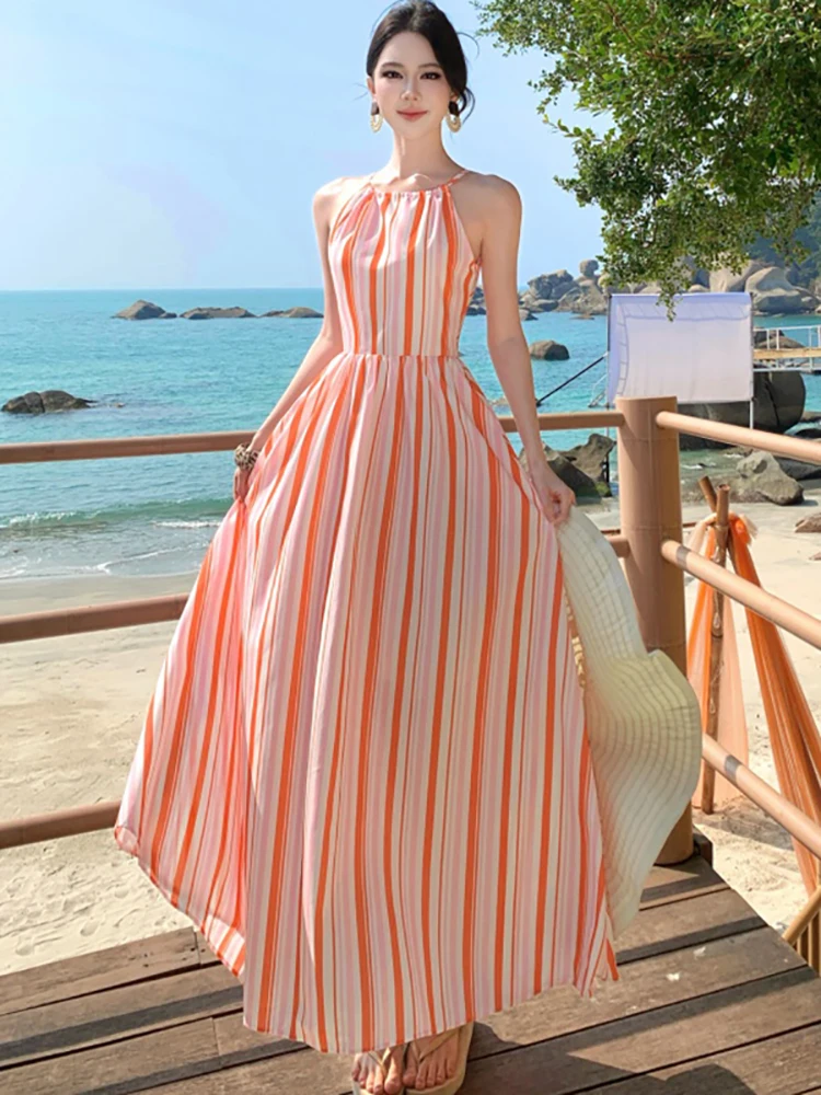 Summer Striped Chic Bow Neck-mounted Long Dress Women Elegant Casual Beach Style Dress 2026 Korean Fashion Bodycon Holiday Dress