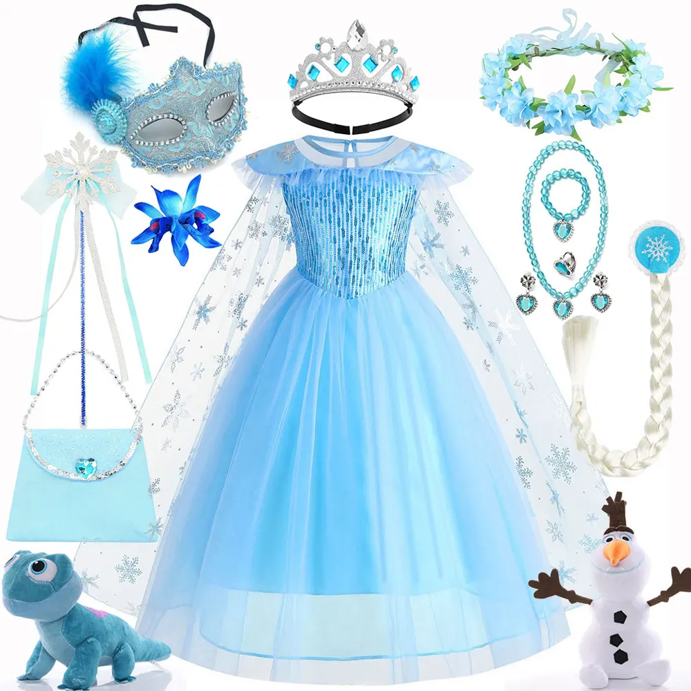 فستان أميرات ديزني فروزن سنو كوين إلسا مزين بالترتر لحفلات الكرنفال فستان أزرق لملابس مهرجان البنات بدلة تنكرية