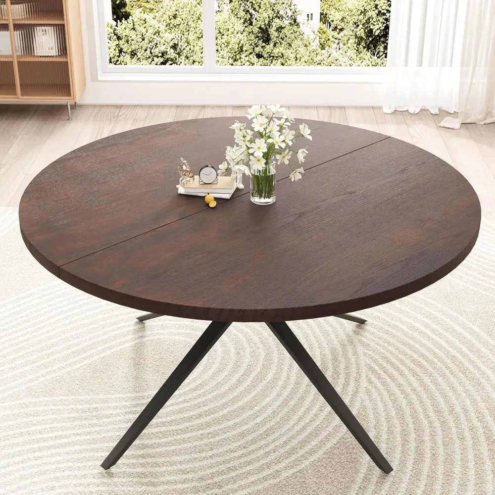 

47 Round Solid Wood Dining Table for 4-6, Metal Legs, Brown, Suitable for Home Kitchen or Living Room
